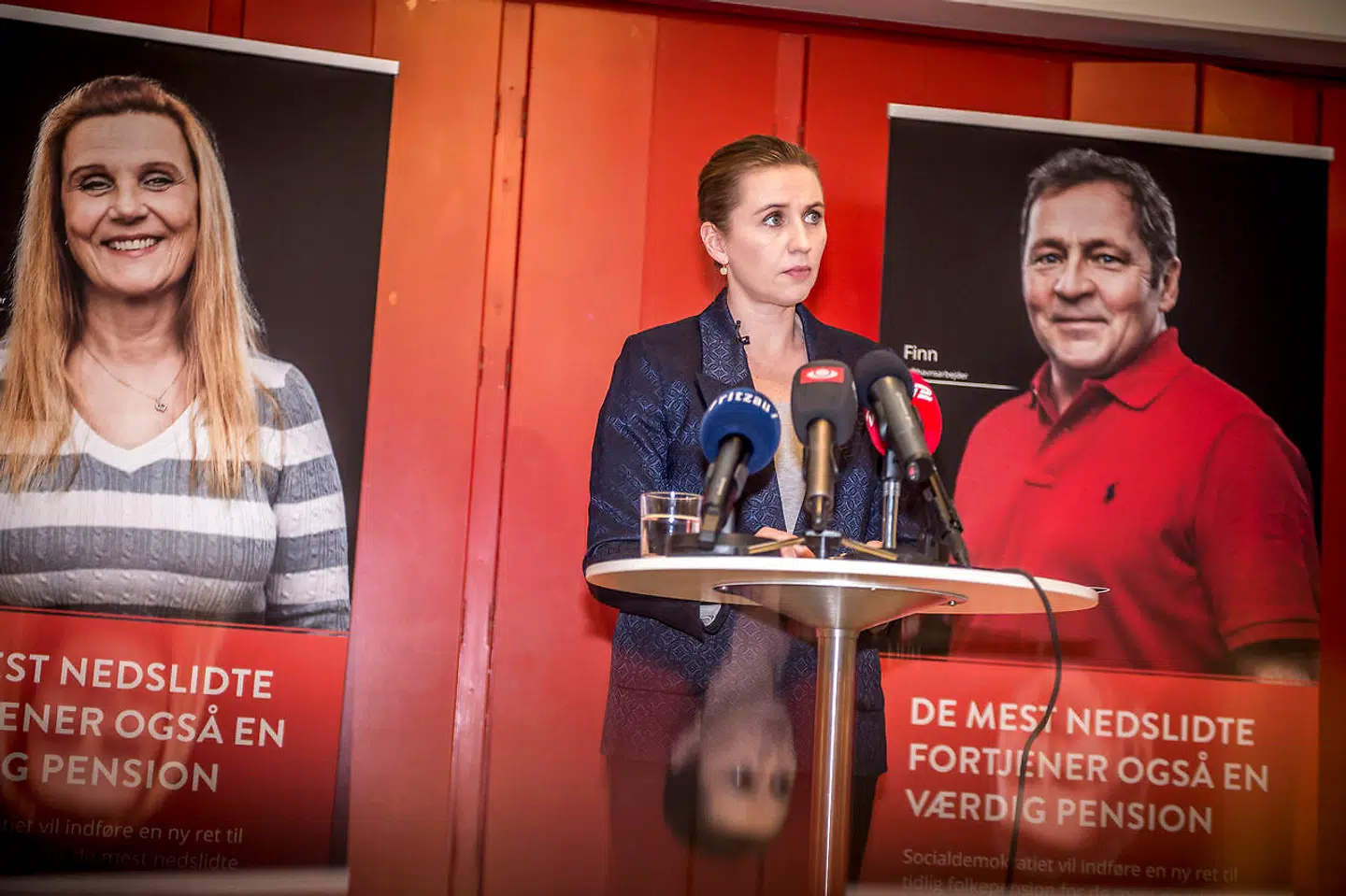 Socialdemokratiets formand Mette Frederiksen præsenterer udspillet »De mest nedslidte fortjener også en værdig pension« på et pressemøde på Plejecenter Sølund i København, 22. januar 2019.