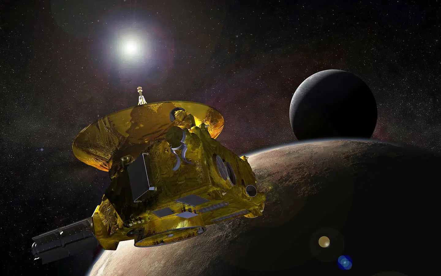 I 2015 fløj NASAs rumsonde New Horizons som det første menneskeskabte objekt ganske tæt forbi dværgplaneten Pluto og dens store måne Charon.