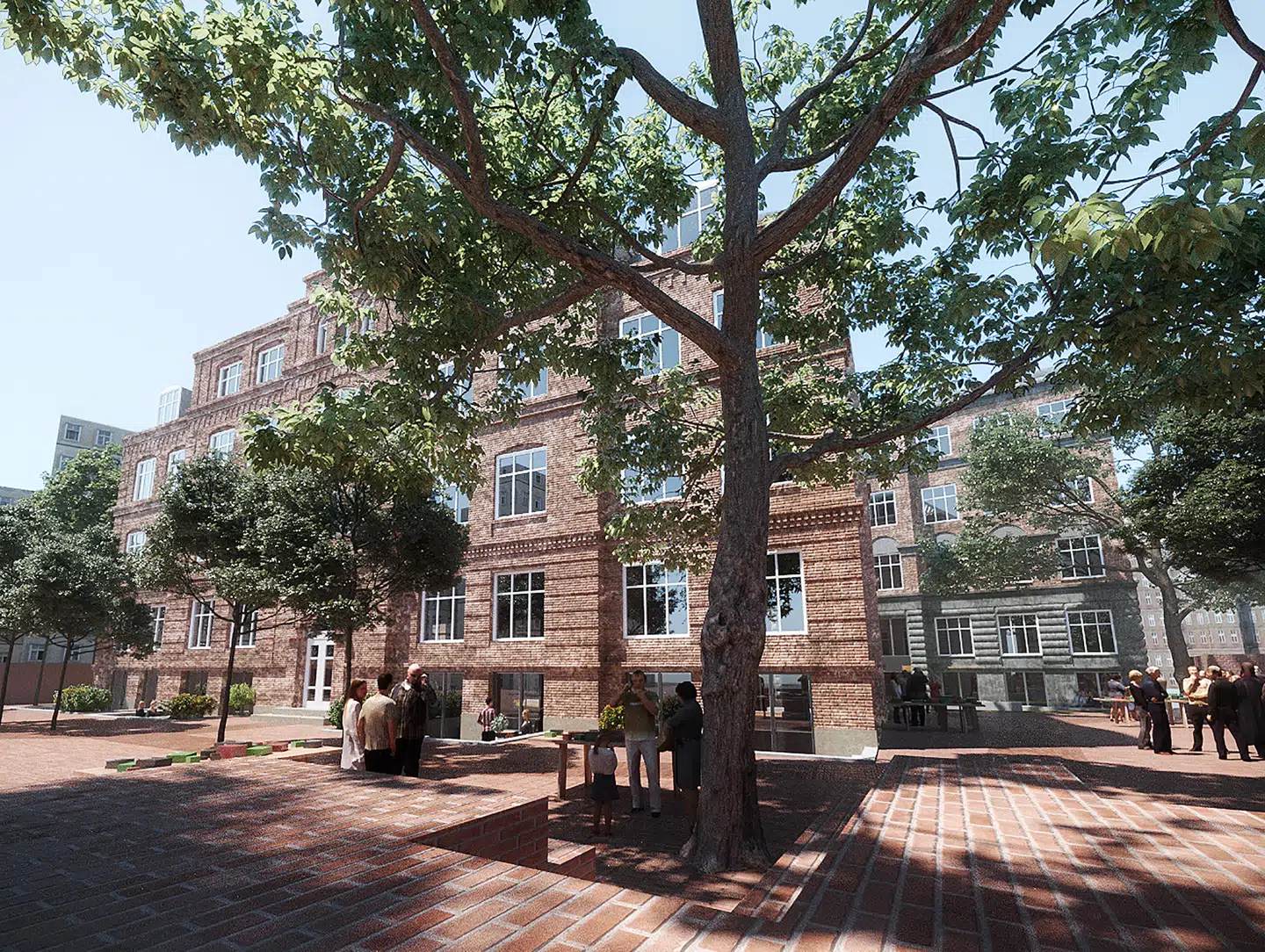 Den ombyggede Prins Henriks Skole, sådan som Prins Henriks Skoles Ejendomsfond, der ejer bygningerne og området, forestiller sig det færdige projekt. Visualisering: Josep Villanueva Studio