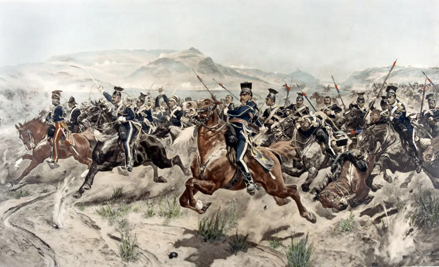 Her er en af de mange idealiserede fremstillinger af den lette kavaleribrigades angreb i 1854 under Krimkrigen. Maleriet er malet af Richard Caton Woodville og kan ses på National Army Museum.