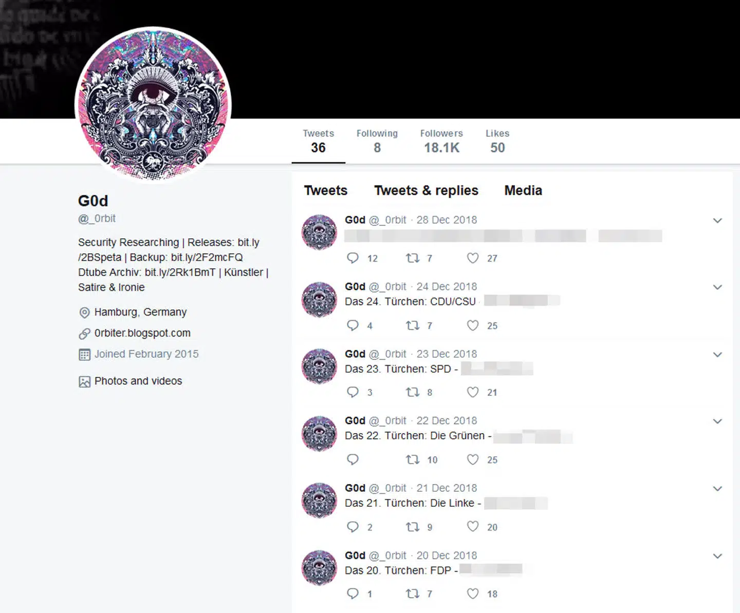 Den 20-årige gymnasieelev offentliggjorde dele af data via en slags digital julekalender i december måned via Twitter. Det var først den 4. januar 2019, at myndighederne lukkede Twitter-kontoen, hvilket har udløst stor kritik i Tyskland.