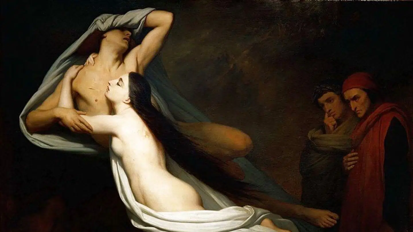 Virgil og Dante møder Francesca og hendes elsker, der begge færdes i Helvedes anden kreds. Francesca var som endnu levende blevet tvangsgift med en halt ældre herre, men forelskede sig i hans smukke yngre bror, Paolo. Under læsningen af en ridderroman mødtes deres øjne »og de læste ikke mere den dag«« Ægtemanden opdagede dem og slog dem begge ihjel. Ifølge Dante bliver de for altid kastet rundt af en voldsom storm - sådan som de i livet lod sig føre af deres lyster. Maleri af Ary Scheffer, 1855.