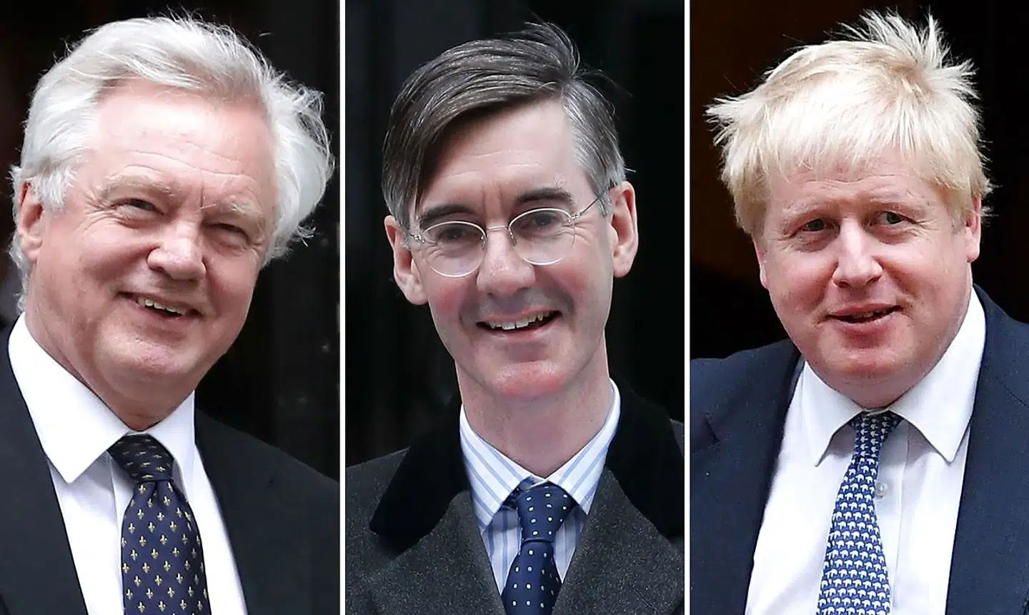 De kendteste »Brexiteers«. I midten Jacob Rees-Mogg, som leder Brexit-fraktionen European Research Group (ERG) i Det Konservative Parti. Han er flankeret af tidligere Brexit-minister David Davis (tv.) og tidligere udenrigsminister Boris Johnson, der begge støtter ERGs hårdnakkede modstand mod Theresa Mays aftale.