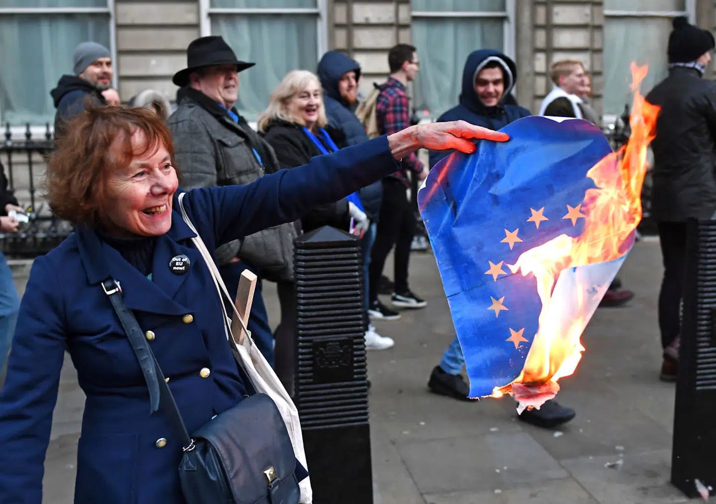 Tilhængere af Brexit brænder et EU-flag op under en demonstration i London i december. REUTERS/Dylan Martinez