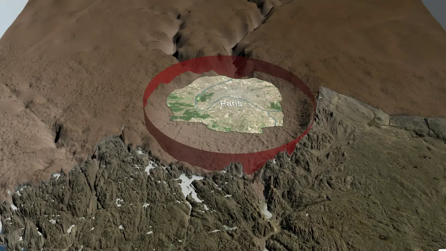 Med sine 31 kilometer i diameter er nedslagskrateret i Nordvestgrønland så stort, at Paris mageligt kunne ligge inden i det.