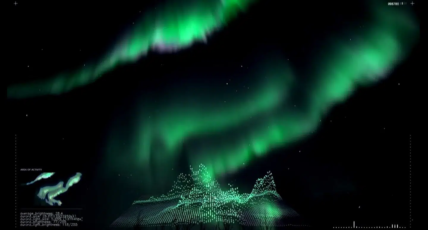 I de berømte omgivelser fra den årlige nytårskoncert i Musikverein i Wien blev et særligt symfonisk værk, »Sound of Light«, 28. november uropført. Optagelser af nordlyset var blevet analyseret af kunstig intelligens i Huaweis toptelefon, Mate 20 Pro, og komponist Mark Sayfritz satte derefter musik til de enkelte dele af nordlysets bølgen, form, fart, kontrast og farver, som den kunstige intelligens derefter kombinerede til musikstykket. Foto fra opførelsen: Huawei