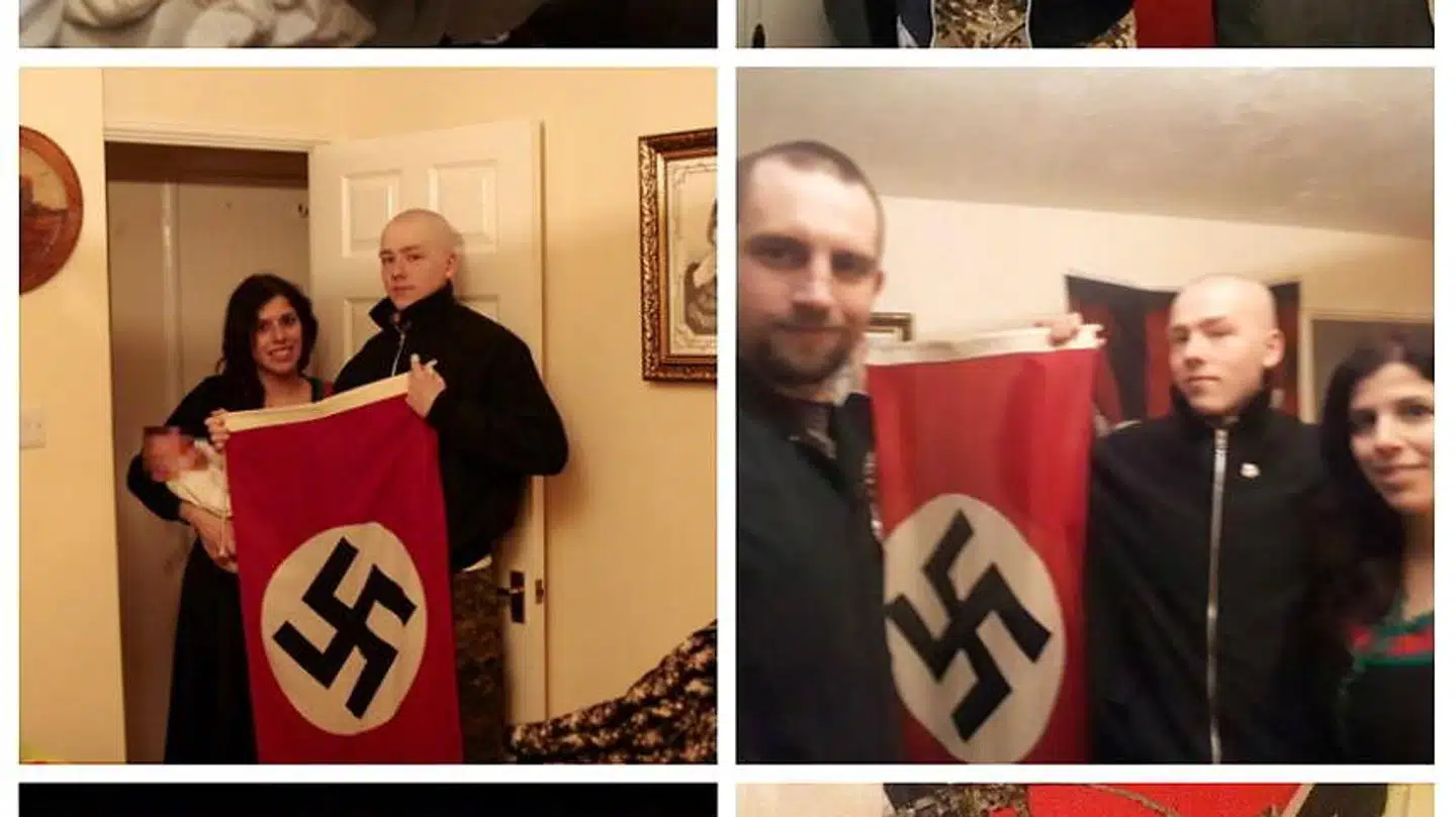 Den 22-årige Adam Thomas poserer her på flere billeder – i øverste venstre hjørne i Ku Klux Klan-tøj med sin nyfødte søn i armene, så med en kniv, dernæst med hans kæreste Claudia Patatas og deres søn, så med den tætte ven Darren Fletcher, og til sidst med en armbrøst.