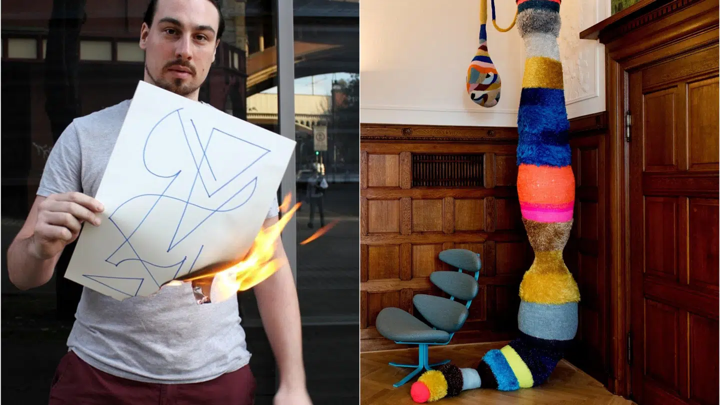 Til venstre: Værket »Time/Line/Movement« indebærer bl.a. en afbrænding af værket. Til højre: Den kunstneriske udsmykning af tidligere kultur- og fritisborgmester Niko Grünfelds kontor på Københavns Rådhus.