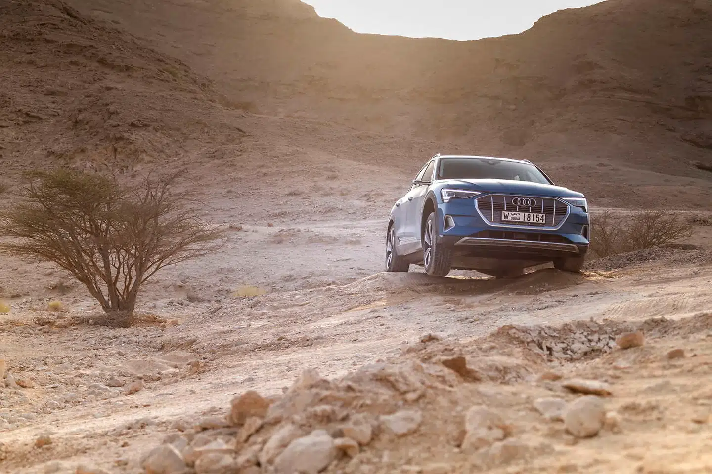 Audi e-ron er ingen off-roader, men den kan præstere en fornuftig frihøjde takket være luftundervognen og el-motorenes store moment eliminerer behovet for reduktionsgear.