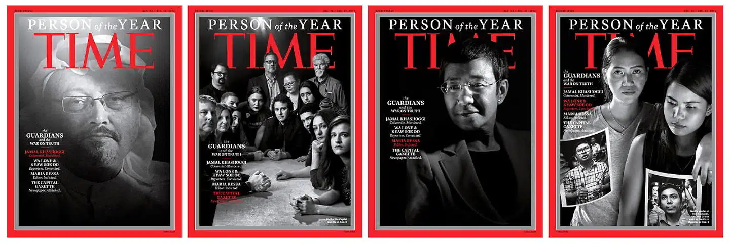 Time Magazine udkom med fire forskellige forsider, da magasinet forleden kårede forfulgte journalister som »Person of the Year«. Den dræbte Jamal Khashoggi, redaktionen på The Capital Gazette, Maria Ressa, Wa Lone og Kyam Soe Oo.