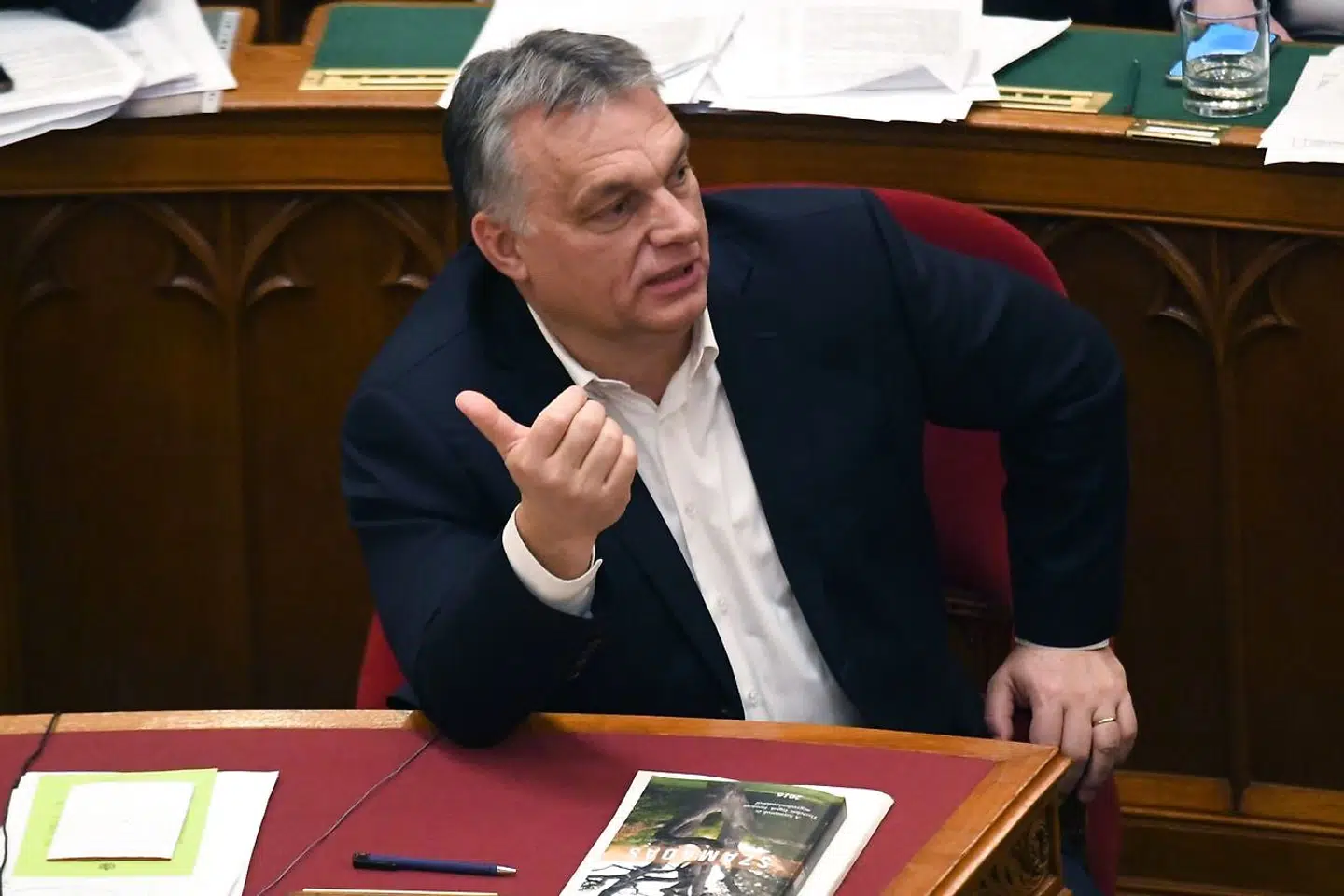 Ungarns premierminister, Viktor Orbán, reagerer på uroen i parlamentssalen.