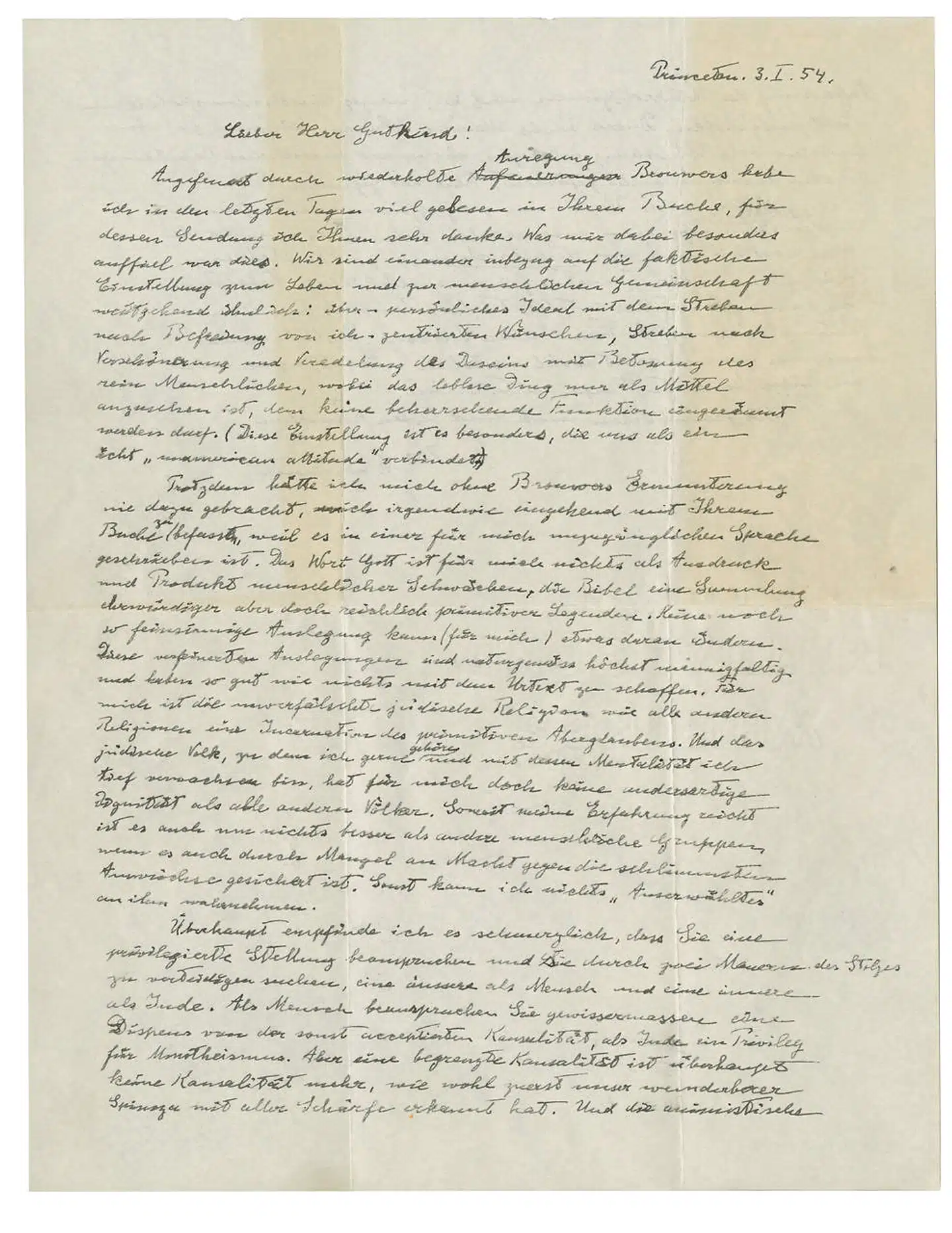 A letter known as "The God Letter" written by Albert Einstein and addressed to philosopher Eric Gutkind from 1954 is seen in this undated handout photograph supplied by Christie's auction house in New York City, New York, U.S., December 4, 2018. Christie's Images Limited 2018/Handout via REUTERS