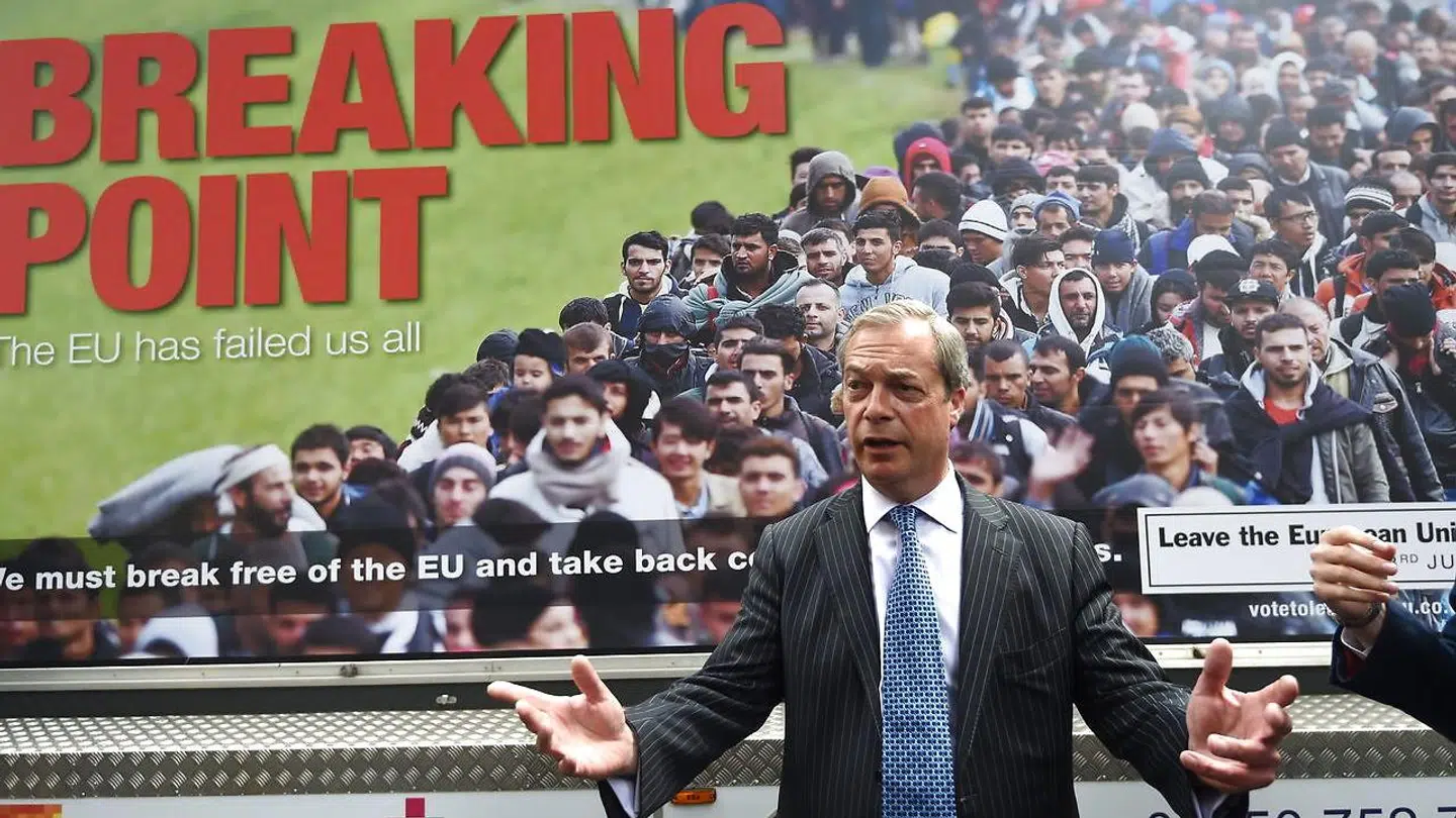 Brexit-lederen Nigel Farage med hovedbudskabet fra valgkampen mod EU i 2016: Hvis briterne stemte for Brexit, kunne de kontrollere deres egne grænser. Men det kan de faktisk ikke finde ud af, viser de seneste tal.