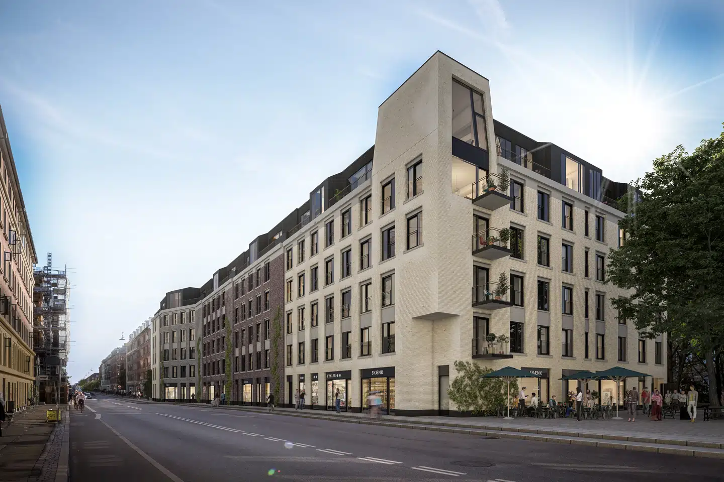 Facaden ud mod Enghavevej, som den ser ud i en foreløbig 3D visualisering (med forbehold for fejl og ændringer.