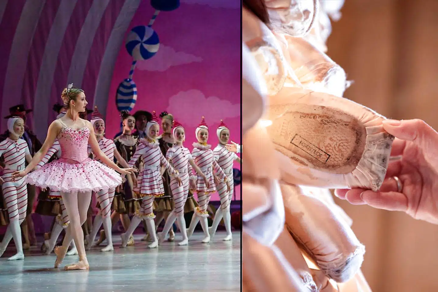 Caroline Baldwin som Sukkerfeen i »Nøddeknækkeren« - og hendes sko på juletræet. Sukkerfeen er en krævende rolle, hvor der slides et par sko op i hver forestilling.