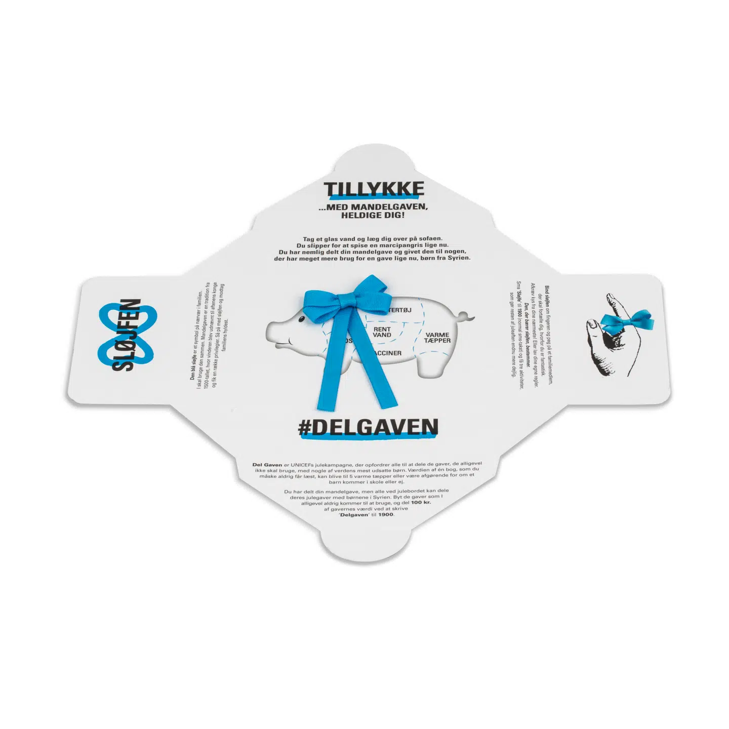 En alternativ mandelgave: Her får man en sløjfe og lov til at bestemme hele aftenen, mens marcipangrisen er erstattet af en tegning. Donationen går til syriske børn på flugt.