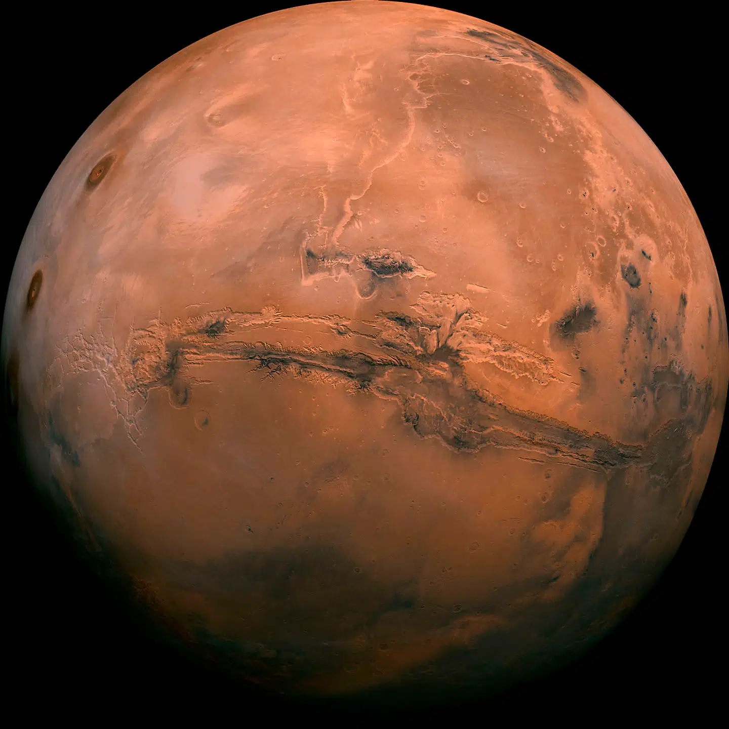Et billede af Mars, sammenføjet af hundredevis af billeder fra satleitter Viking Orbiters, der var i kredsløb om den røde planet i 1970'erne.