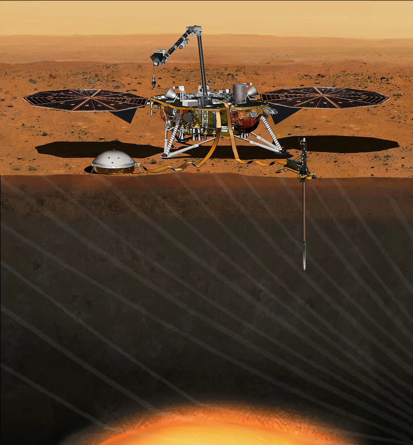 Sådan forestiller NASA sig, at det vil se ud, når InSight har udfoldet sine instrumenter på Elysiumsletten nær Mars' ækvator. Til venstre et seismometer, der skal måle rystelser i Den røde planets overflade. Til højre en varmesensor – en såkaldt muldvarp – der skal måle varmeudstrålingen fra det dybe indre af Mars.