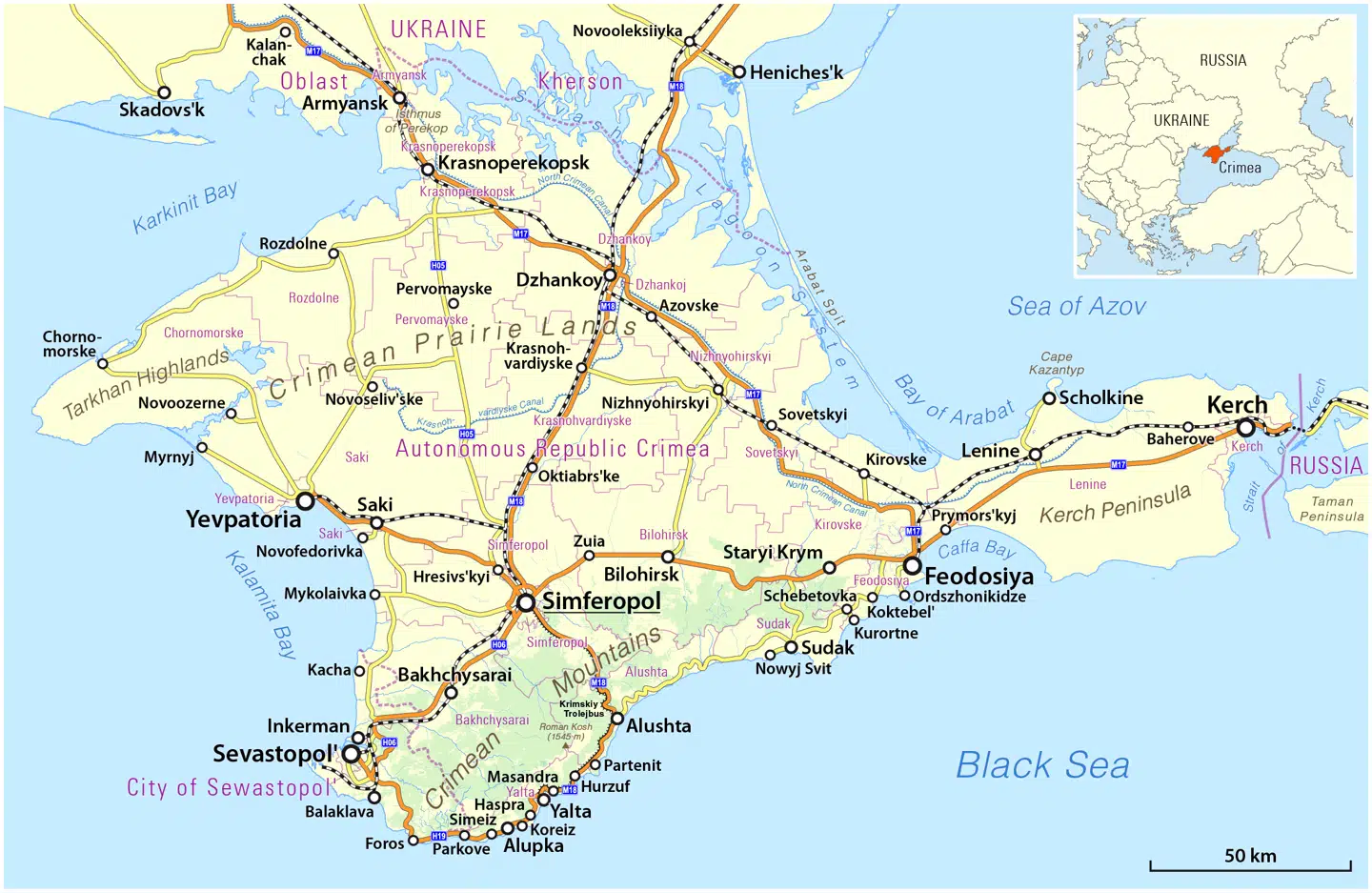 Den russiske Krimbro løber fra havnebyen Kertj på det østligste Krim til det russiske fastland på den anden side af det stormomsuste Kertjstræde mellem Sortehavet mod syd og Azovhavet mod nord med en række vigtige havnebyer i det sydøstlige Ukraine.
