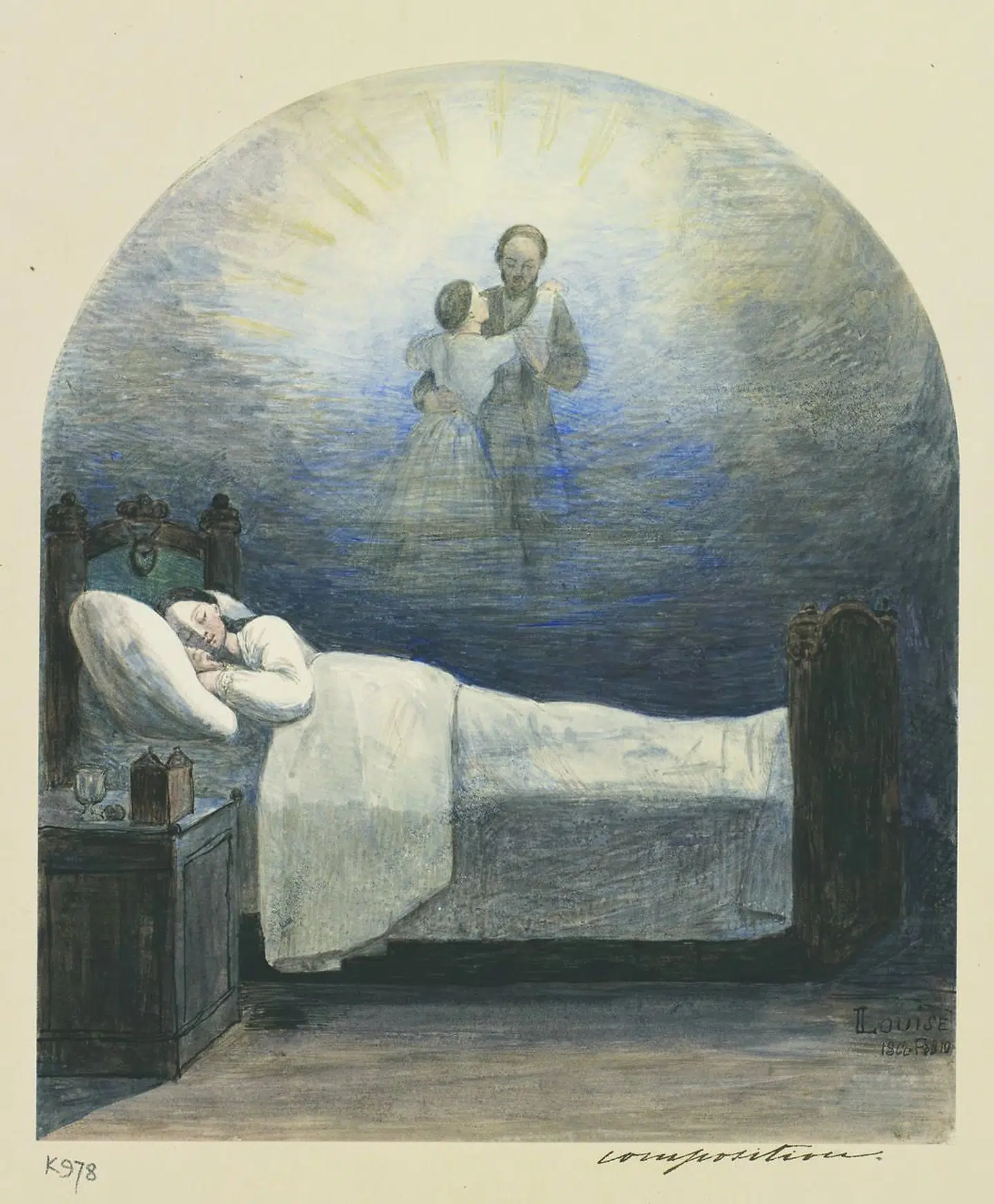 I 1862, få måneder efter Alberts død, tegnede datteren prinsesse Louise dette billede af Victoria, der drømmer om at blive genforenet mned sin Albert.