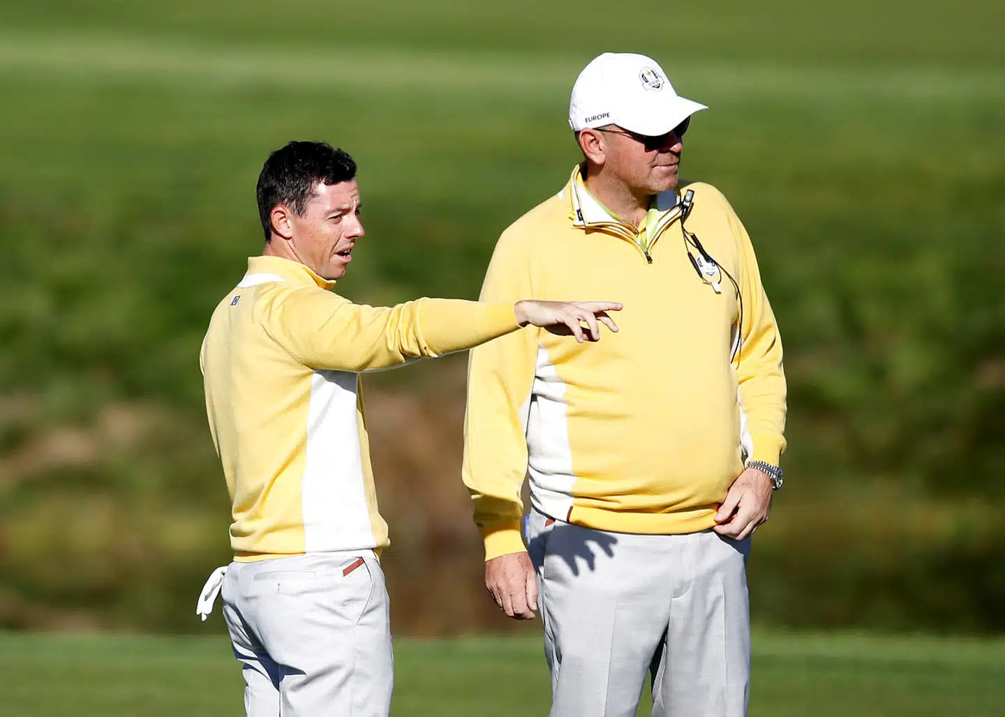 Thomas Bjørn (t.h.) havde studeret data i flere år, inden han udtog Europas spillere til dette års Ryder Cup-turnering. Her er han sammen med Rory McIlroy.