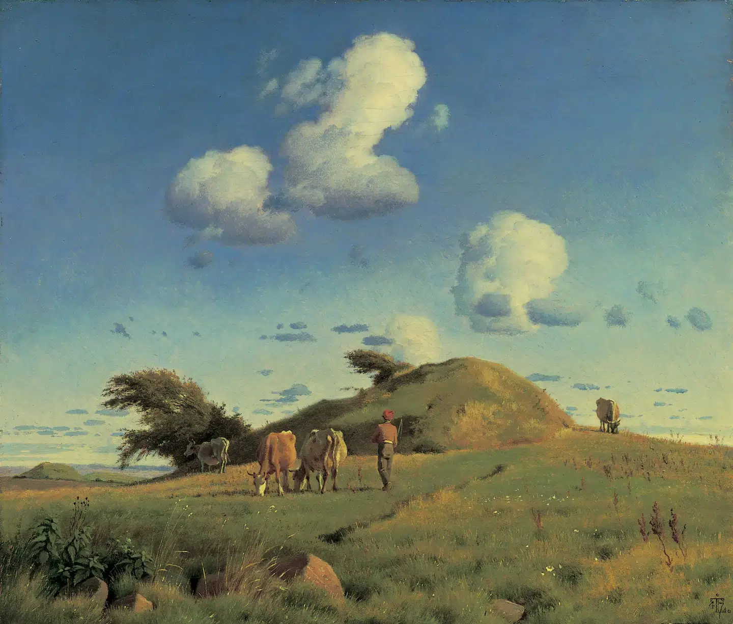 I år er det 200 år siden, at en af de store guldaldermalere, Johan Thomas Lundbye, blev født. Hans foretrukne motivvalg var det danske landskab og køerne på markerne. Her forenet i »Efterårslandskab. Hankehøj ved Vallekilde« fra 1847 – året før hans tidlige død, kun 29 år gammel.