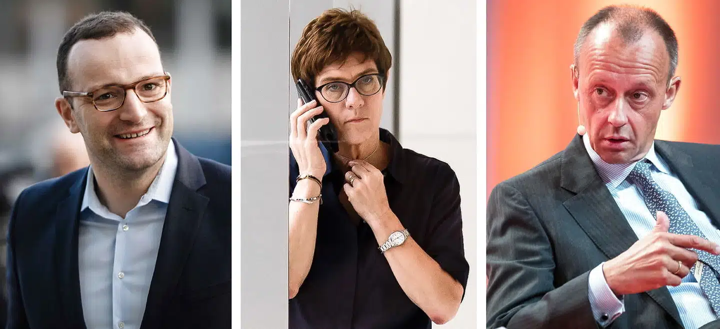 Hvem skal være CDUs formand nr. 8? På dagen for Merkels melding samler interessen sig om tre kandidater: sundhedsminister Jens Spahn (til venstre), generalsekretær Annegret Kramp-Karrenbauer og tidligere gruppeformand, Friedrich Merz. Armin Laschet, ministerpræsident fra Nordrhein-Westfalen nævnes også som en mulighed. Derimod er der stort set ingen, der regner med tidligere finansminister Wolfgang Schäuble eller den nuværende forsvarsminister Ursula von der Leyen.