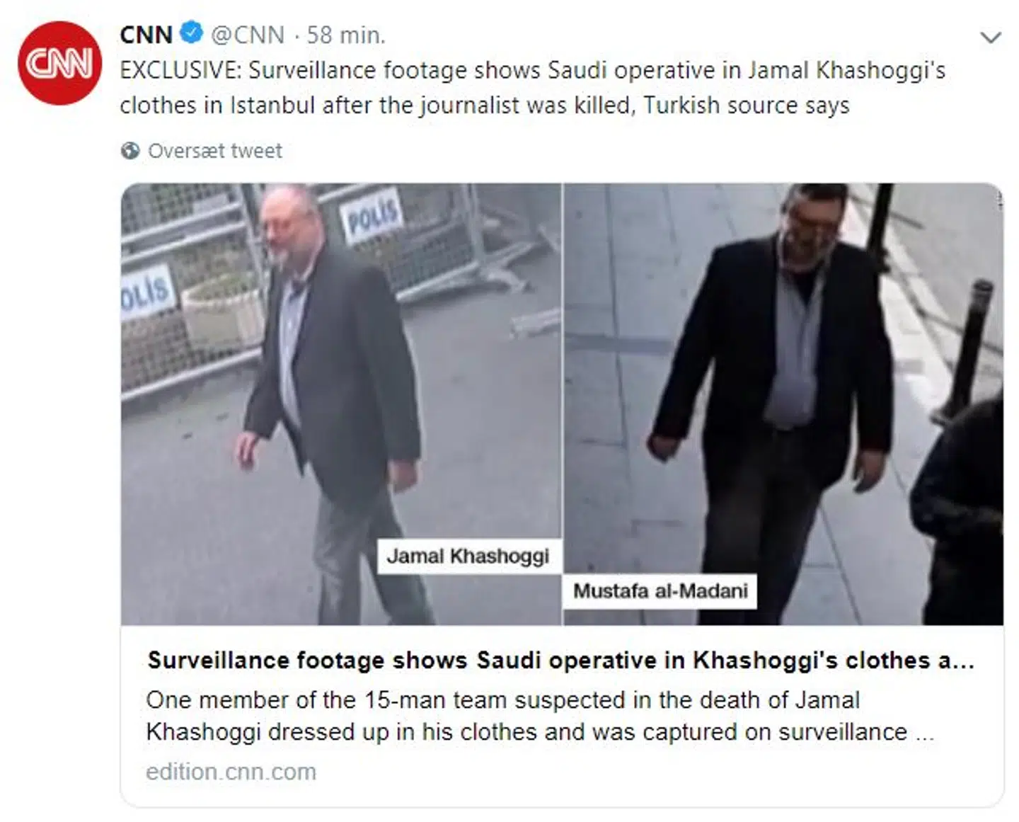 På billedet ses Jamal Khashoggi til venstre og den saudiarabiske agent Mustafa al-Madabi til højre.