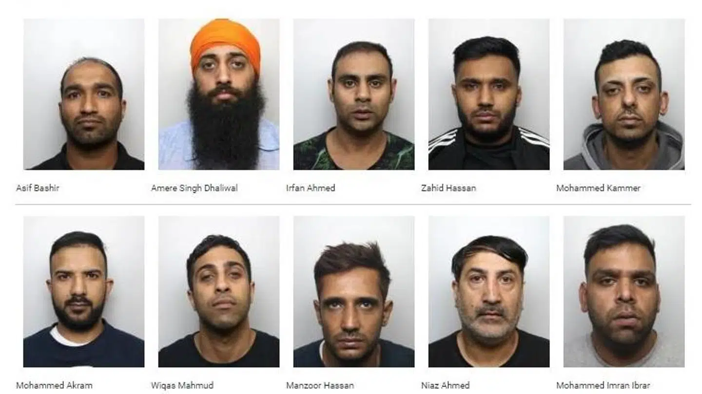 West Yorkshire Politi har offentliggjort dette billede af nogle af de tiltalte i Operation Tendersea - 16 af dem har foreløbigt sammenlagt fået over 200 års fængsel. Bandelederen er Amere Dhaliwal, alias »Pretos«, som er nummer to fra venstre i øverste række.