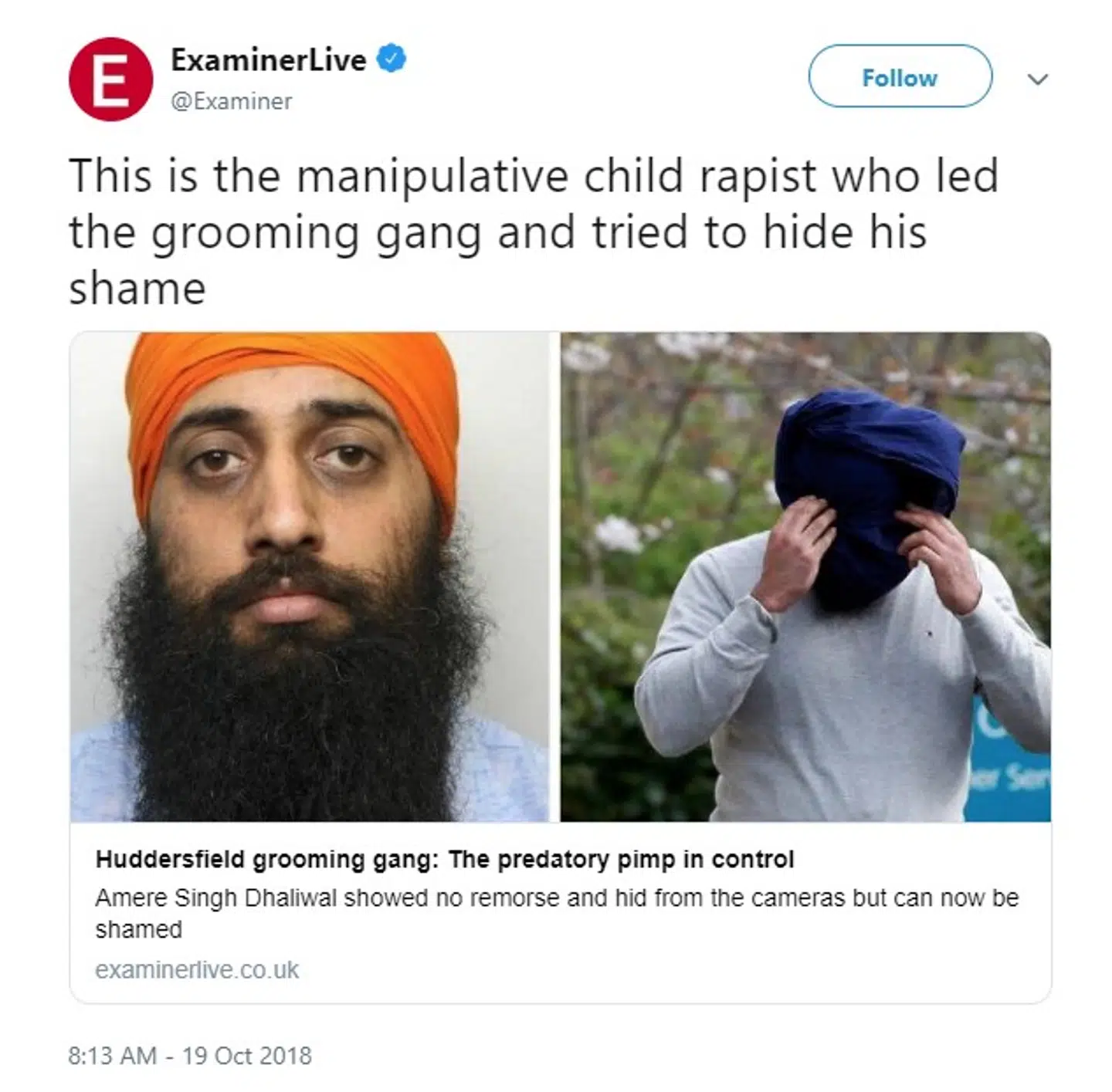 Tweet fra lokalavisen The Examiner om lederen af sexbanden, »Petros«.