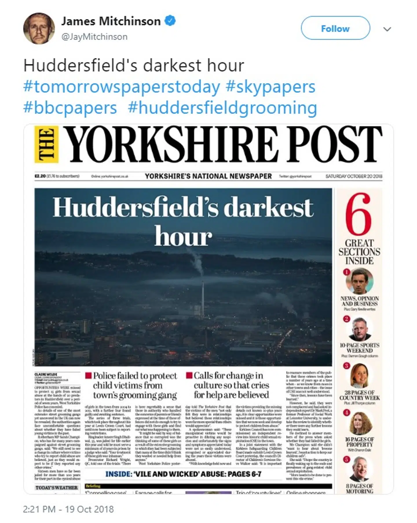 Forside fra avisen Yorkshire Post lørdag om voldtægtsbølgen i Huddersfield