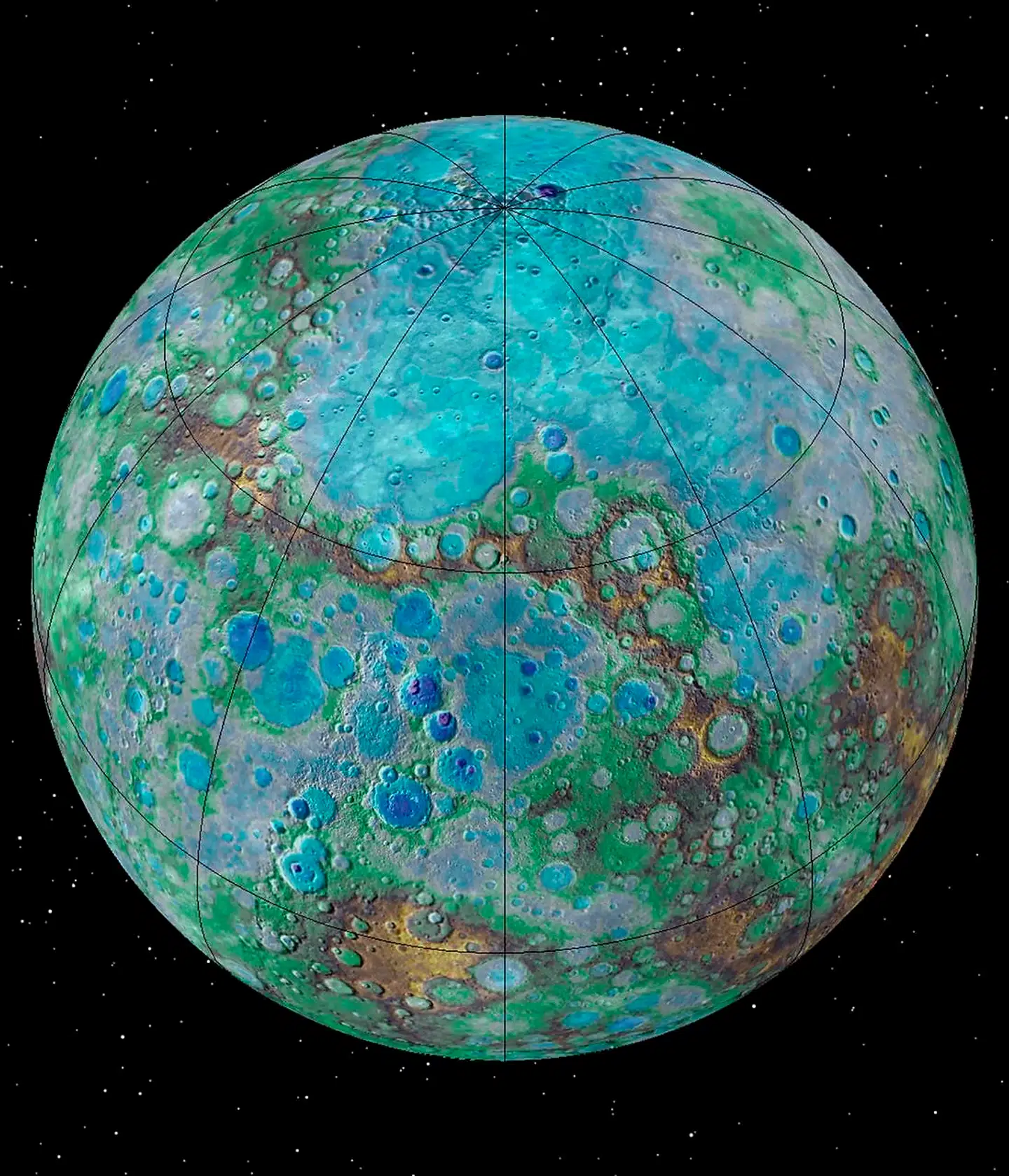 Temperaturen på Merkurs overflade kan nå helt op på 420 grader celsius, og den er præget af stejle kløfter og dybe kratere fra metornedslag. På dette NASA-billede er planeten gengivet i falske farver for at fremhæve dens særpræg.