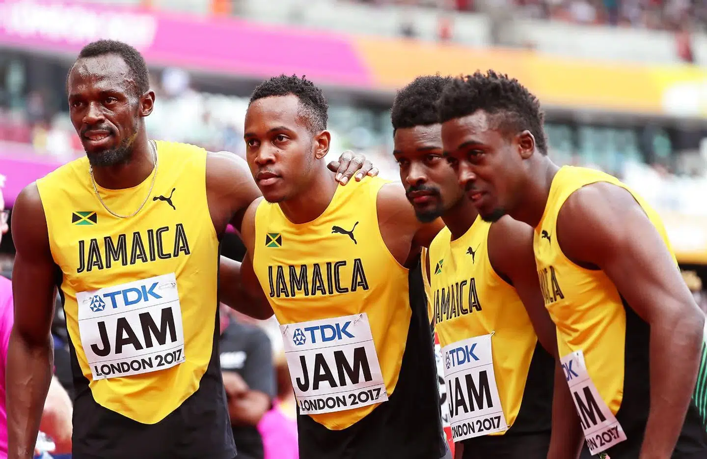 Usain Bolt, Julian Forte, Michael Campbell, ogTyquendo Tracey efter deltagelse i 4x100m til VM i London, August 2017. EPA/SRDJAN SUKI