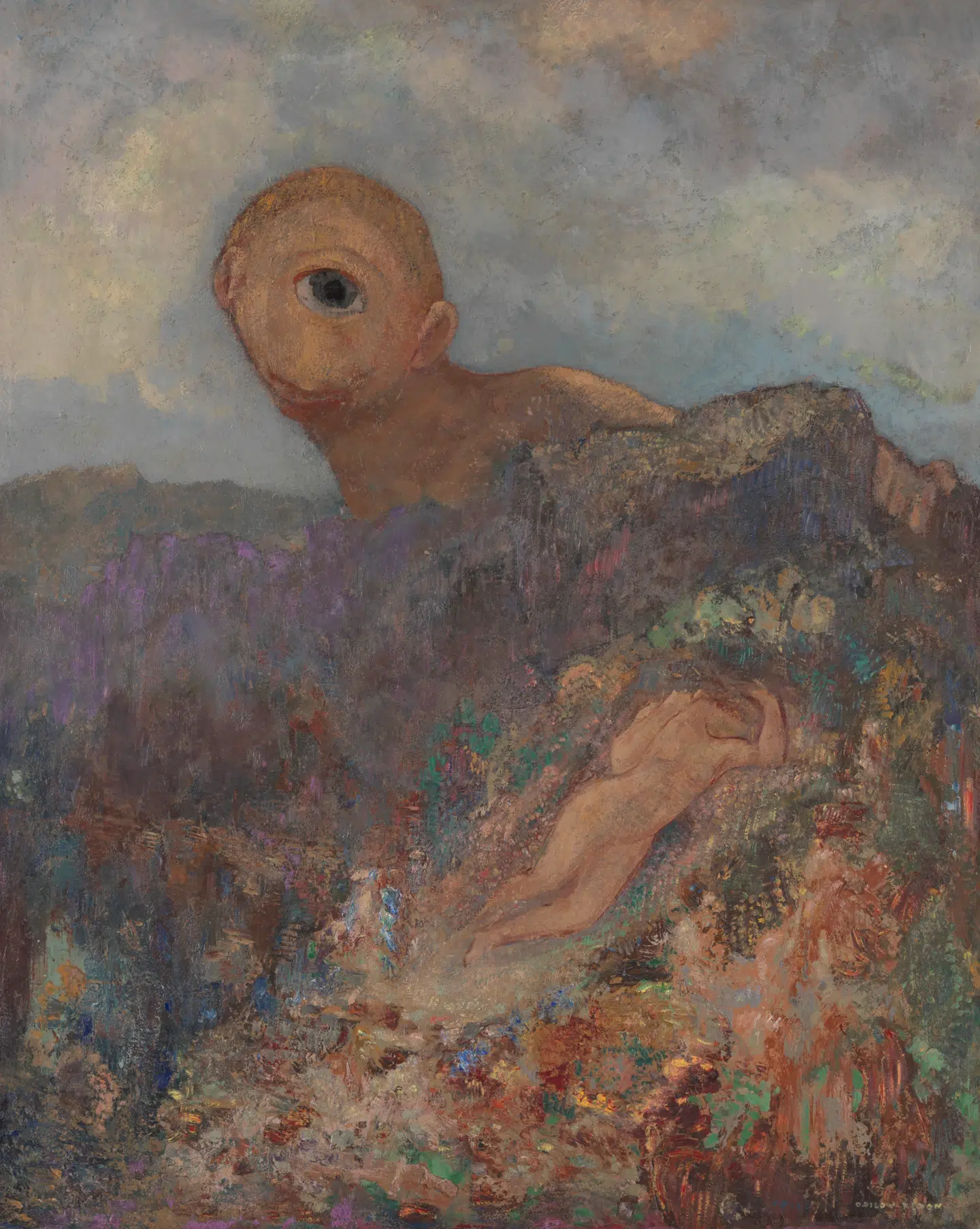 Mytologiske væsner var en del af Odilon Redons motivkreds. Her er det den enøjede kyklop, der kigger sorgfuldt efter den smukke kvinde i landskabet. Så tæt på og så uopnåelig. Billedet er fra cirka 1914. Pressefoto: Kröller-Müller-museet.