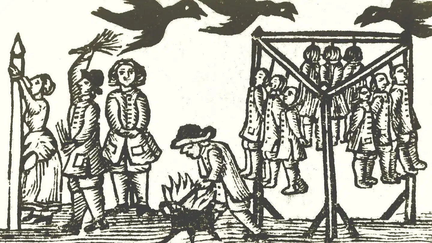 Tyve hænger i galgen ved Ugledige i Bårse Herred. En medskyldig kvinde piskes ved kagpælen. Ravnene flyver. Skillingstryk fra 1727 (Det Kgl. Bibliotek). Det var stort set dette, natmændene og deres familier blev udsat for i 1735. Illustration fra »Straffet på livet. Henrettelser i Danmark 1537-1892«. Gads Forlag