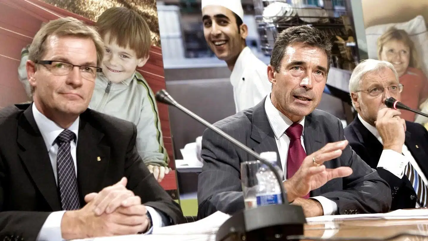 Tidligere statsminister Anders Fogh Rasmussen (V) - midten af billedet - vandt valget i 2001 på et løfte om holde skatterne i ro og bevare velfærd. Den daværende konservative vicestatsminister Bendt Bendtsen (til venstre i billedet) pressede ofte på for at få gennemført skattelettelser.
