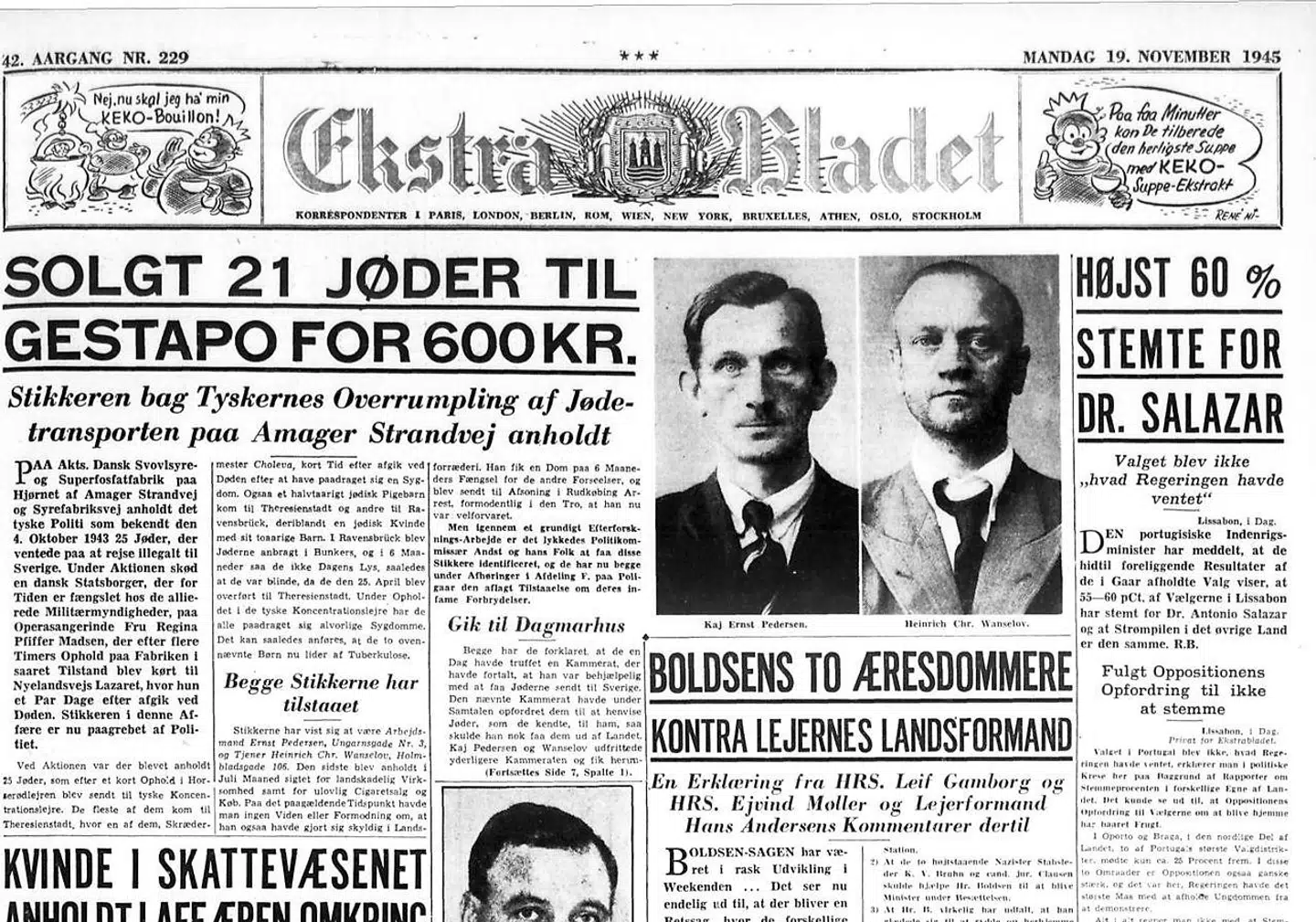Ekstra Bladets nyhed om, at jøderne på Amager var blevet stukket og fanget. Blandt de fangne var familierne Kasinsky og Katznelson.