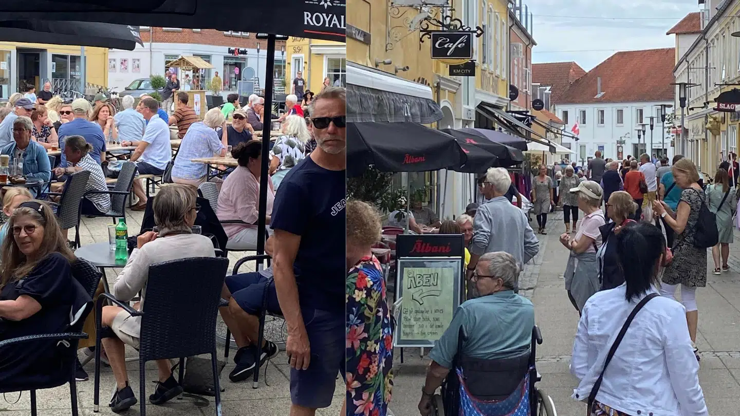 Blot få timer efter TV 2's besøg var der fyldt med sommerglade mennesker på byens torv og i gågaden.