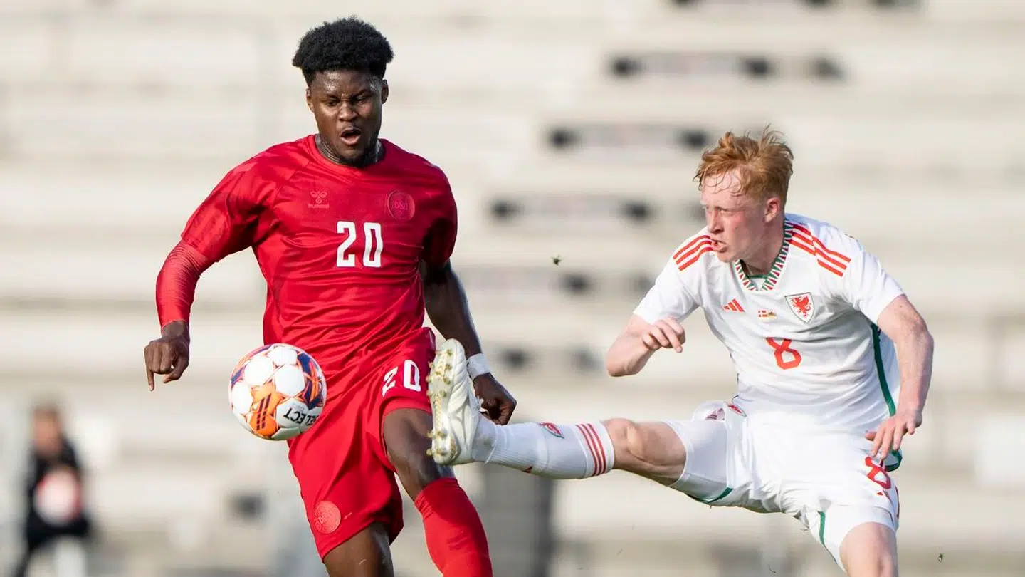Tochi Chukwuani i kamp mod Wales under U21EM kvalifikationskampen mellem Danmark og Wales på Vejle Stadion tirsdag 20. juni 2023.