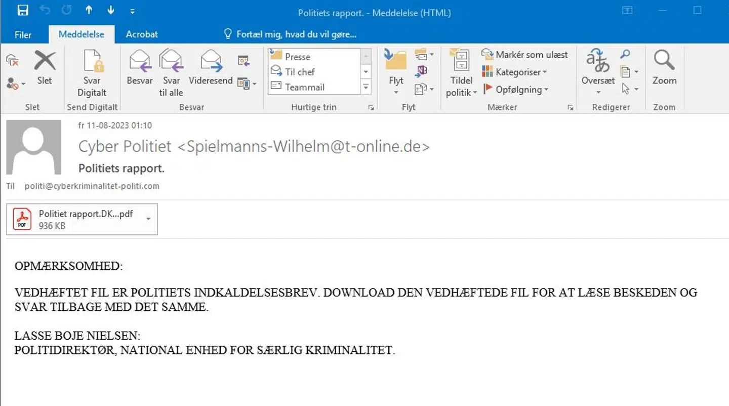 Sådan ser mailen ud. Har du modtaget den, skal du ikke hente den vedhæftede fil, men bare slette mailen.