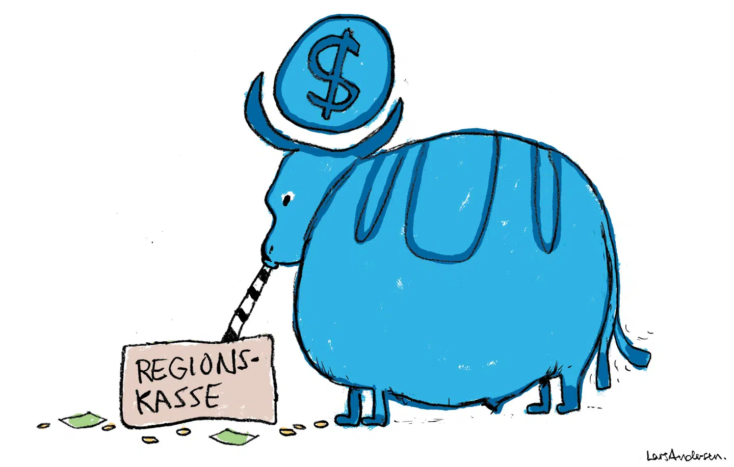 Novo Nordisk spinder guld på salg af slanke- og diabetesmedicin. Samtidig er regionernes medicintilskud ved at blive presset ud over kanten. Tegning: Lars Andersen