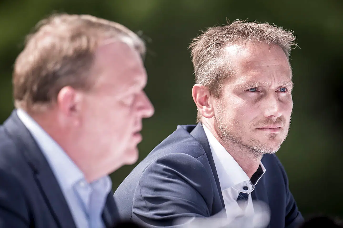 Lars Løkke Rasmussen og Kristian Jensen under et pressemøde i forbindelse med Venstres sommergruppemøde.