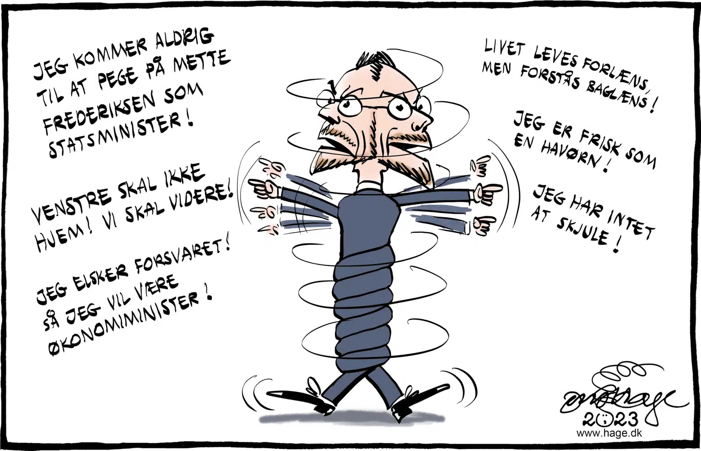 Jakob Ellemann har det med at udtale sig temmelig bombastisk. Tegning: Jens Hage