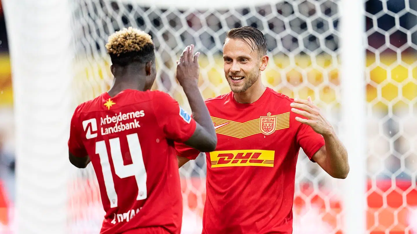 FC Nordsjællands Marcus Ingvartsen scorer til 2-0 under superligakampen mellem FC Nordsjælland og FC Midtjylland i Farum Park, søndag den 27. august 2023.. (Foto: Claus Bech/Ritzau Scanpix)