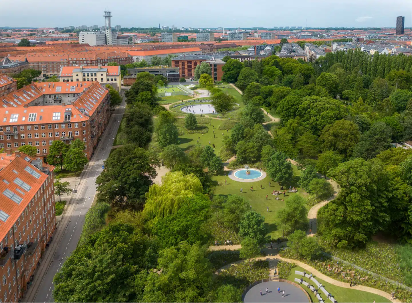 Billedet viser en visualisering af det nuværende projektforslag, der kan dog løbende komme flere justeringer i forhold til renoveringen af parken. Foto: Københavns Kommune.