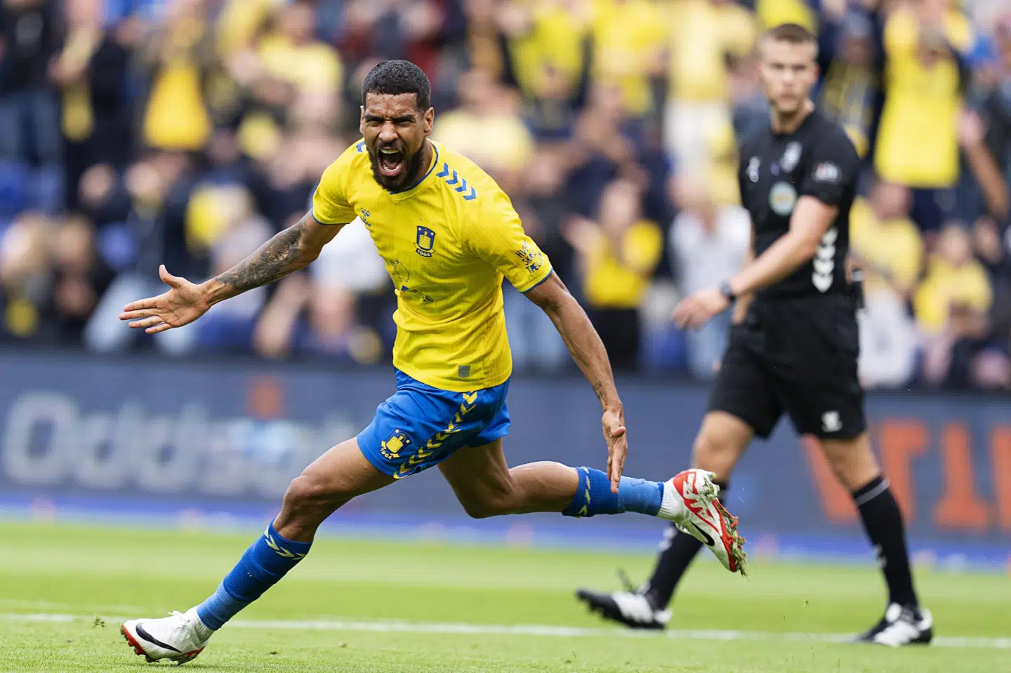 Ohi Omoijuanfo kom for anden kamp i træk på måltavlen for Brøndby efter en længere scoringspause. Claus Bech/Ritzau Scanpix