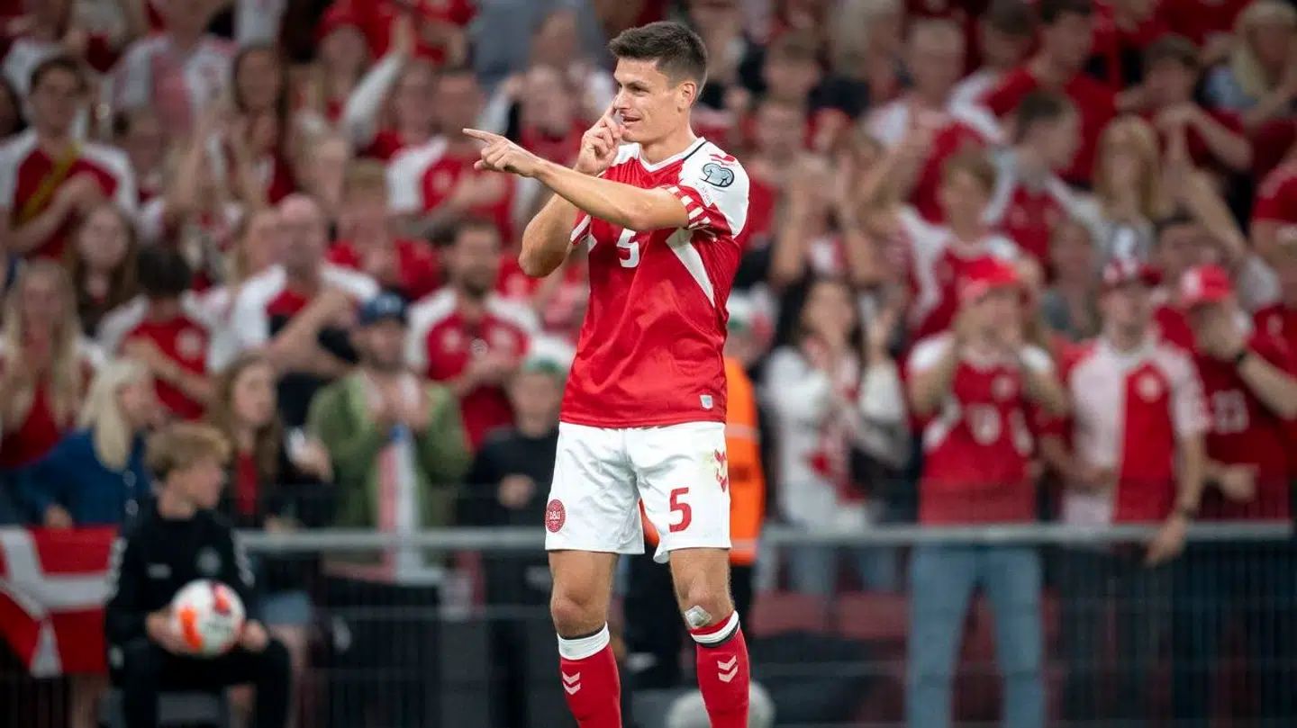 Joakim Mæhle scorer til 2-0 under EM-kvalifikationskampen mellem Danmark og San Marino i Parken i København, torsdag den 7. september 2023