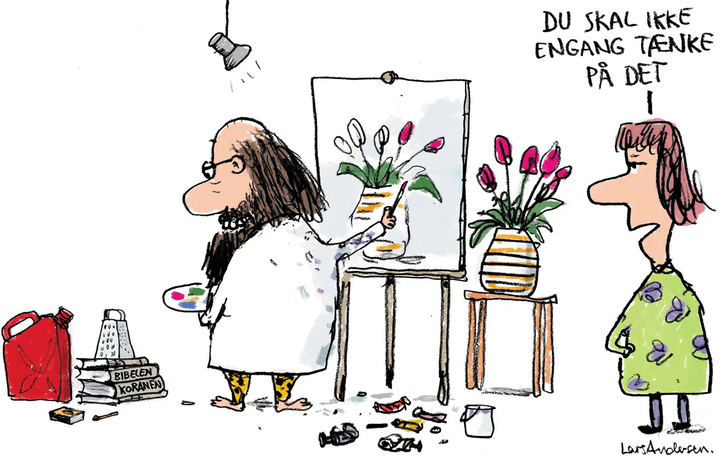 Justitsminister Peter Hummelgaard opfordrer danske kunstnere til at nøjes med at »male noget«, »hugge noget i sten«, eller »skrive noget«. Tegning: Lars Andersen