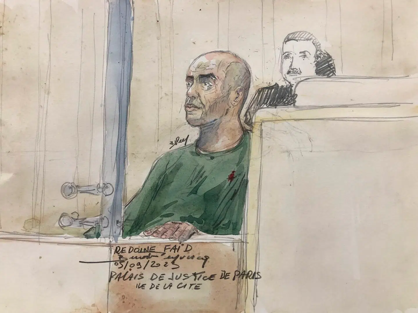 En stregtegning af Rédoine Faïd under førstedagen af retssagen mod ham viser, at den lange karriere som forbryder og indsat i diverse fængsler har sat sine spor hos den efterhånden midaldrende storrøver.