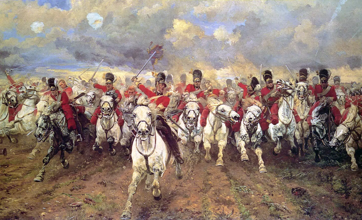 »Præmien for de mest irriterende krigsmetaforfloskler går imidlertid til udtrykkene 'Bråvallaslag' og 'at møde sit Waterloo',« skriver Aske Munck. Illustration: Scotland Forever! af Elizabeth Thompson, 1881